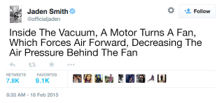 Illustration for article titled Say What You Will About Jaden Smith, But His Latest Tweets Show He’s Got A Pretty Strong Grasp On How Vacuum Cleaners Work